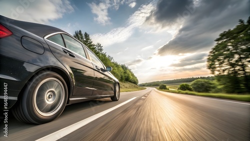 Black Car Driving on Scenic Road at Sunset with Motion Blur Effect