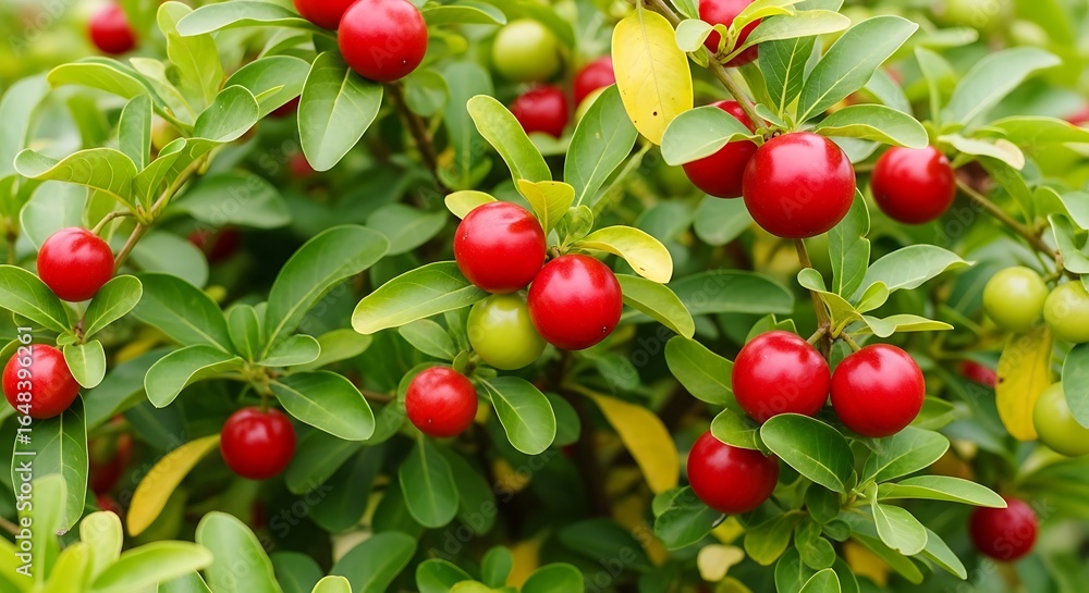 Obraz premium Close-up of Vibrant Red Cherries on a Lush Green Bush