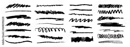 Black grunge brush stoke line set. Hand drawn crayon underline and highlighter collection. Wet or dry pastel pencil doodle and scribble bundle. Vector rough chalk charcoal sketch scrawls and squiggles