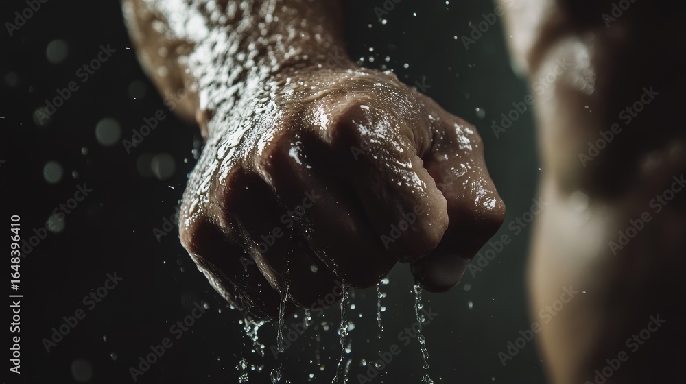 Fototapeta premium Macro Shot of Sweaty Fist with Water Droplets Against Dark Background
