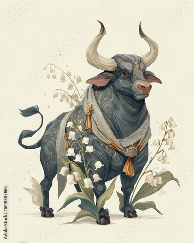 Wallpaper Mural Taurus Emperor & May Lily – A royal cartoon ox with golden patterns and May birth flowers. Inspired by zodiac and flower lore, this art blends cosmic strength with floral symbolism. Torontodigital.ca