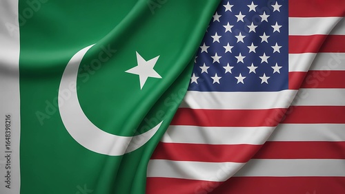 Elegant Pakistan and USA flags draped together, symbolizing strong diplomatic ties and international cooperation in a professional, modern presentation
