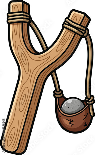 Cartoon Wooden Slingshot with Leather Pouch Vector illustration