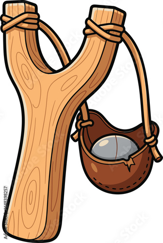 Cartoon Wooden Slingshot with Leather Pouch Vector illustration