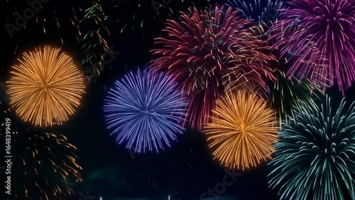 Colorful Fireworks Display at Night with Celebration, Festive, New Year, and Event.