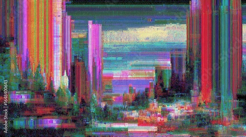 Distorted city scape, vibrant glitch art