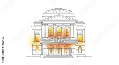 Architectural drawing of a theater building with an illuminated facade