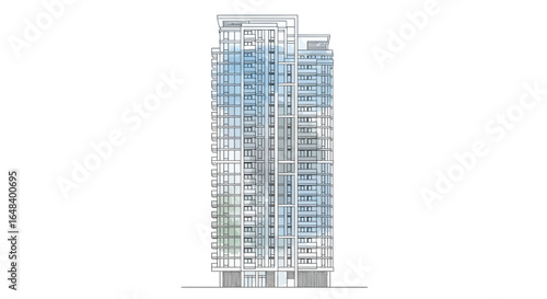 Architectural drawing of a modern tall residential building with many apartments