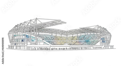 Architectural rendering of a modern stadium with stylized crowd