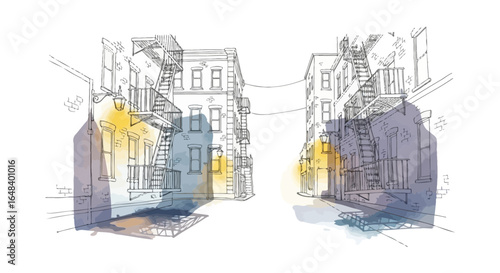 Architectural Sketch of Urban Buildings with Fire Escapes and Vivid Accents