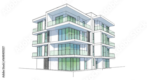 Architectural sketch of a modern multi-story building with glass balconies