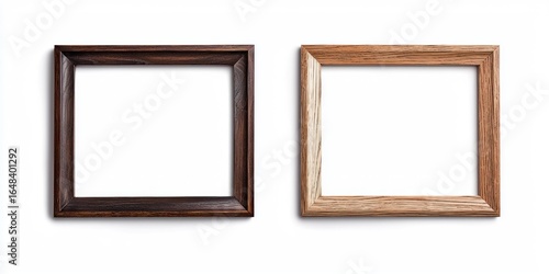 Two wooden picture frames hanging on a white wall, one dark brown and one light brown, with empty spaces inside.