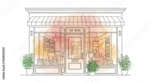 Charming independent bookshop facade illustration with watercolor texture