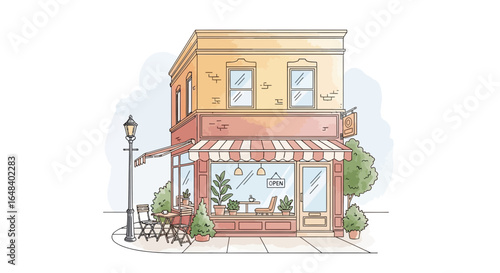 Charming watercolor illustration of a cozy cafe with outdoor seating
