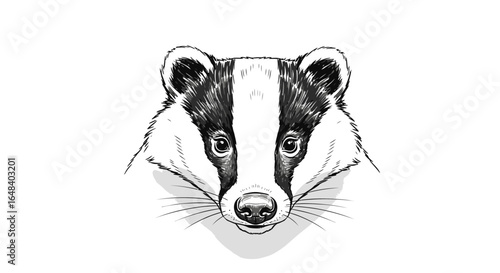 Detailed badger head illustration, artistic monochrome animal portrait