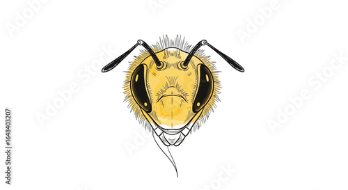 Detailed bee head illustration with watercolor wash and fine line details