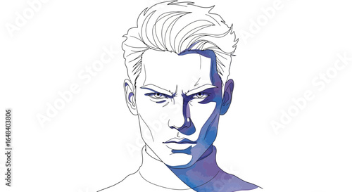 Detailed Line Art Portrait of a Determined Character with Shadowed Features