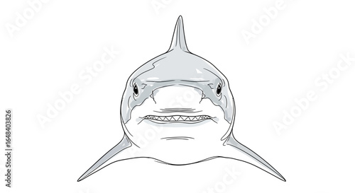 Detailed line drawing depicting the frontal view of a great white shark