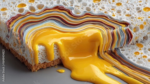 Colorful, layered dessert with dripping yellow
