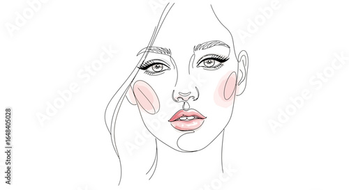 Elegant female face continuous line drawing with soft blush accents