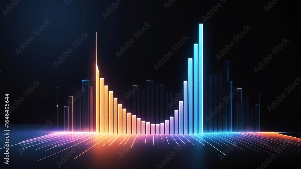 Fototapeta premium Abstract financial data equalizer with blue cityscape and growing bar chart.