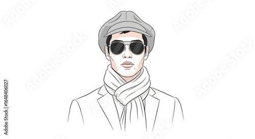 Elegant monochrome drawing of a man with cap and sunglasses illustration