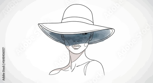 Elegant monochrome portrait of a lady in a broad brimmed sun hat line art
