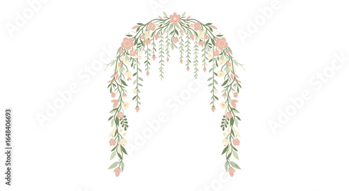 Delicate floral arch with soft pastel blossoms and cascading greenery illustration