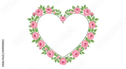 Delicate heart-shaped floral frame adorned with soft pink roses and verdant foliage