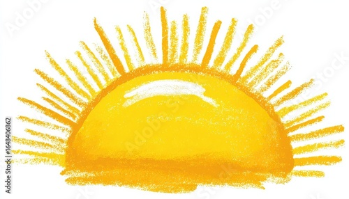 Childlike drawing of a sun rising, yellow crayon-like sunburst