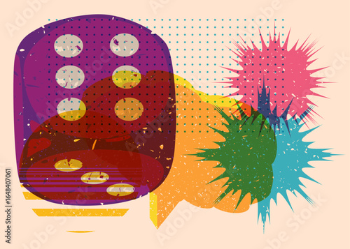 Risograph dice with geometric shapes. Objects in trendy riso graph print texture style design with geometry elements.