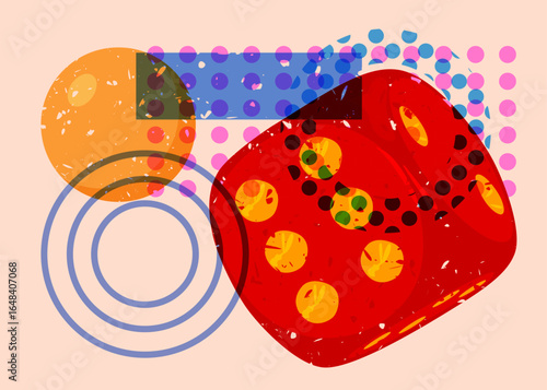 Risograph dice with geometric shapes. Objects in trendy riso graph print texture style design with geometry elements.