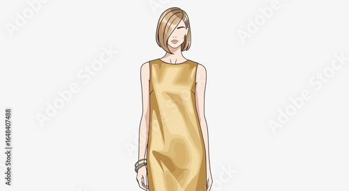 Elegant woman in a gold dress, showcasing fashion style and simplicity