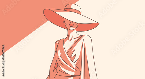 Elegant woman in oversized hat, chic outline vector portrait illustration