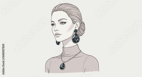 Elegant woman portrait in grayscale tones with statement jewelry depiction