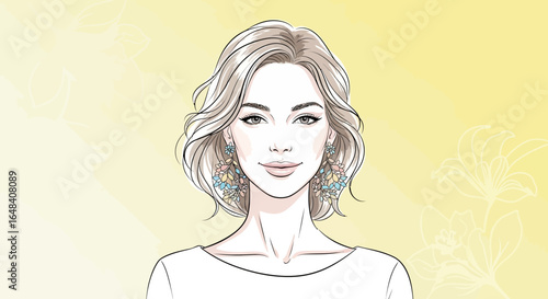 Elegant woman portrait with floral earrings and soft yellow background