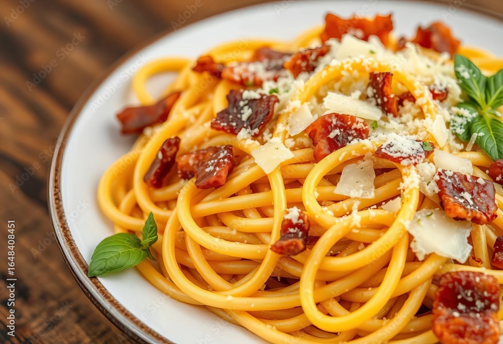 Fototapeta premium Close-up of spaghetti carbonara with crispy pancetta and parmesan cheese, close up, comfort food
