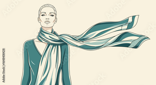 Elegant woman with a flowing scarf in minimalist contemporary design