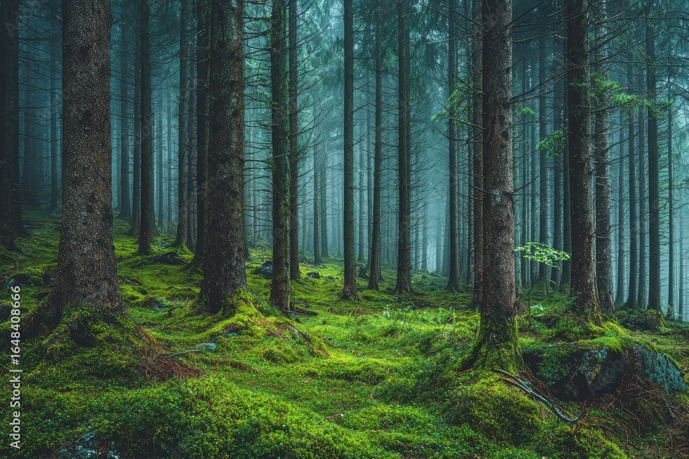 Fototapeta premium Misty forest with tall, dense trees and moss-covered ground