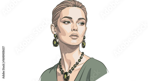 Elegant woman with gemstone jewelry, vector illustration for fashion advertisement