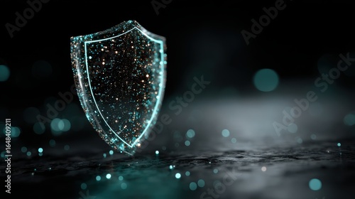 A glowing, abstract shield surrounded by sparkling particles on a dark background, symbolizing protection and security.