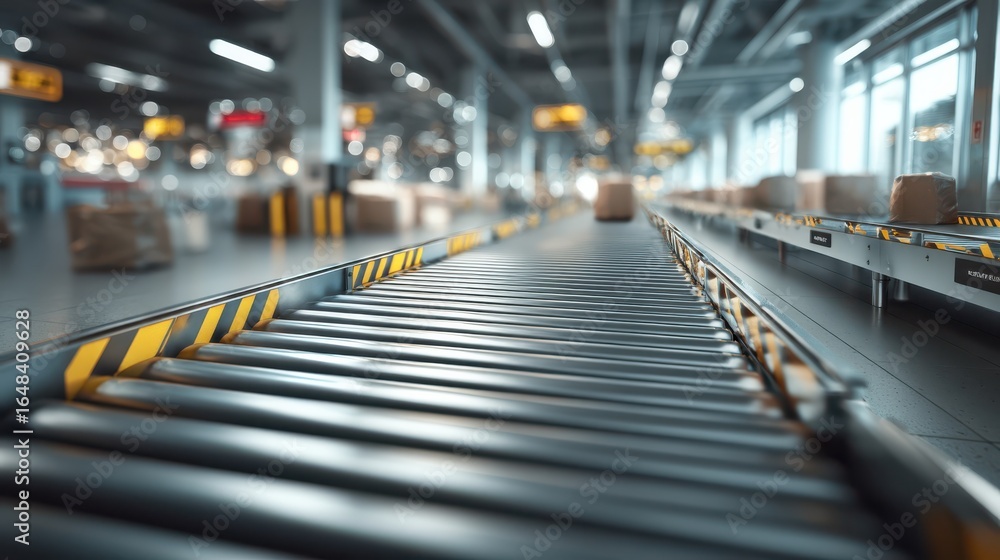 Fototapeta premium A conveyor belt system in a warehouse, designed for sorting and transporting packages efficiently.