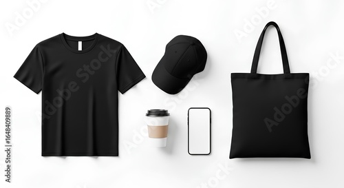 Blank Black Apparel and Accessory Mockup Set T-Shirt, Cap, Tote Bag, Smartphone, and Coffee Cup on White Background for Branding and Design Presentation