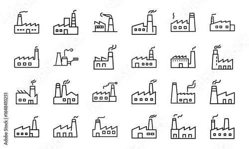 Industrial Factory Icon Set – Minimal Line Art Manufacturing Plant, Production Facility, and Industry Building Symbols for Business, Engineering, and Construction Design
