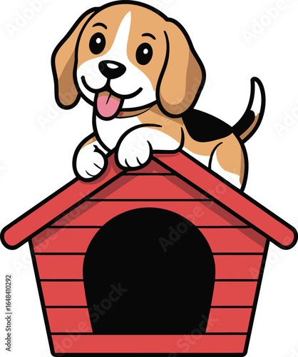 Cartoon Beagle Dog on Red Dog House puppy illustration