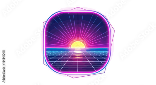Retro futuristic sunset with vaporwave grid and neon colors horizon