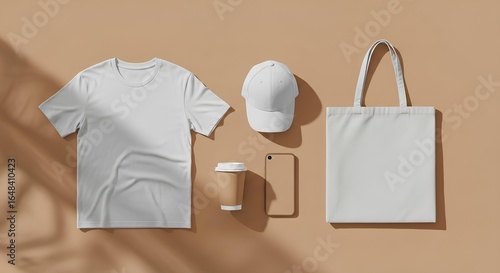 Blank merchandise template for corporate identity branding. Top view flat lay of white t-shirt, cap, and tote bag for design presentation.