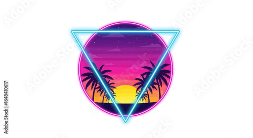 Retro neon sunset landscape with palm trees and a glowing triangle frame
