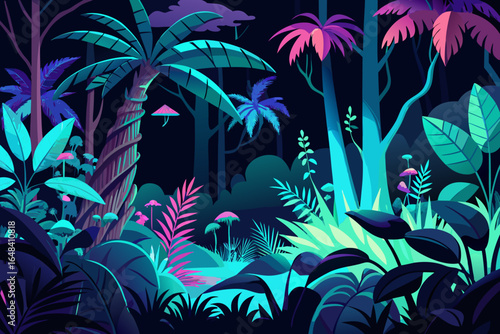 Enchanting neon jungle scene glows with vibrant tropical foliage and surreal flora under a dark, mysterious night sky, evoking wonder and adventure.