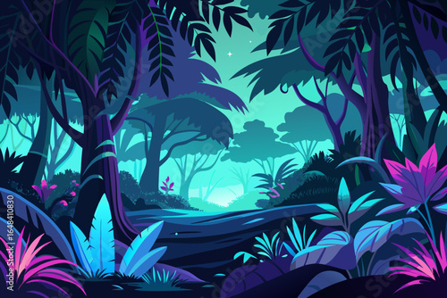 Mystical jungle path bathed in vibrant neon twilight, showcasing lush exotic foliage and ancient trees creating an enchanting, otherworldly atmosphere for fantasy or adventure themes